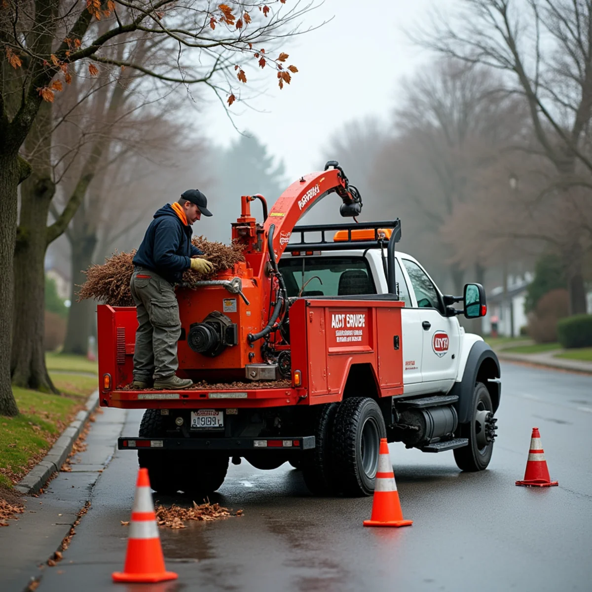 Wood chipper and dump truck staged at the curb during a Longview tree removal