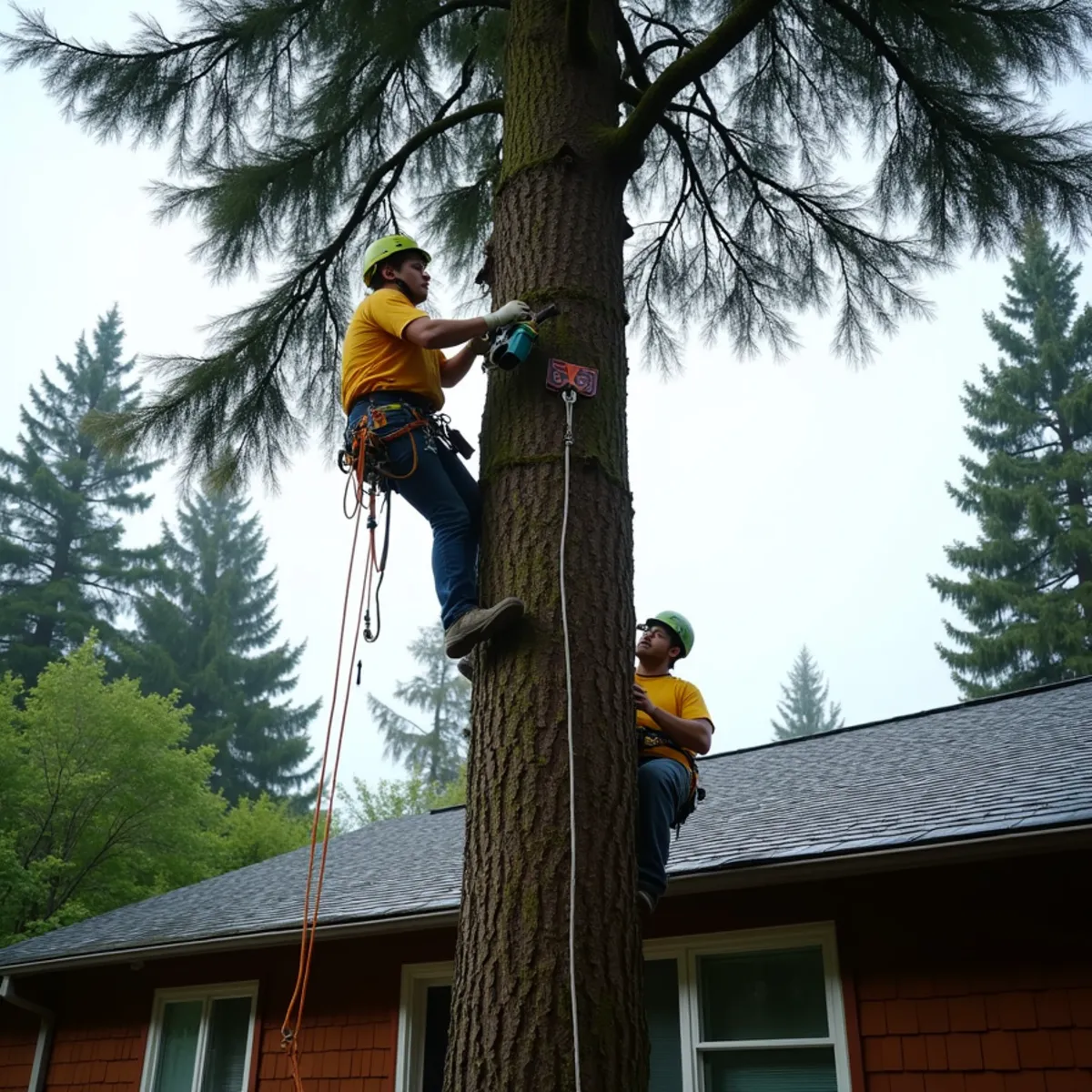 Columbia Tree Professionals climber rigging down a large Douglas fir above a home in Cowlitz County, Washington