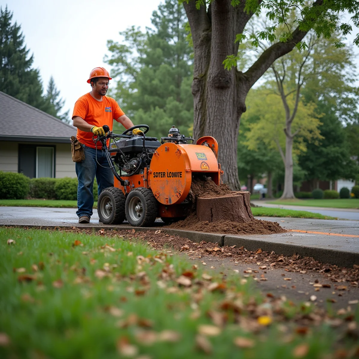 Stump grinder working beside a lifted driveway slab at a home in the Image neighborhood of east Vancouver, Washington