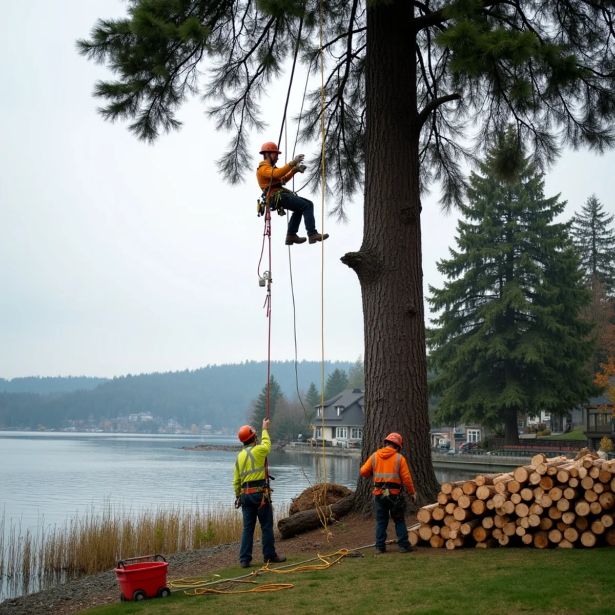 Climber rigging down a large black cottonwood on a waterfront lot above Vancouver Lake in Lake Shore, Washington