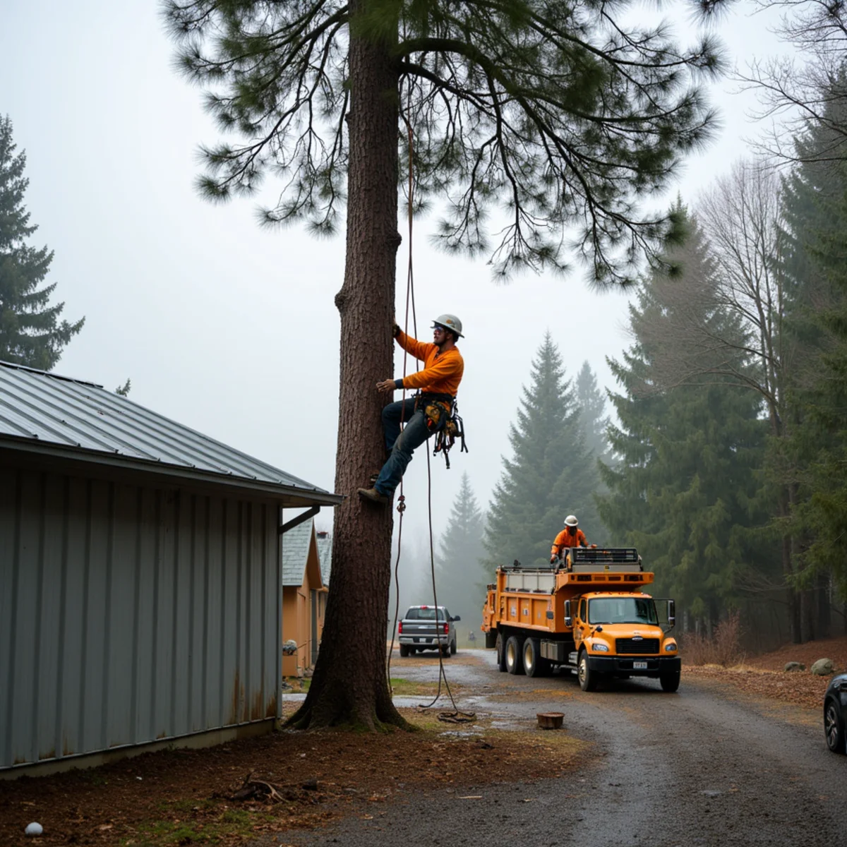 Climber rigging limbs down in pieces beside a metal-roofed shop building on an acreage property in Lambert, Washington