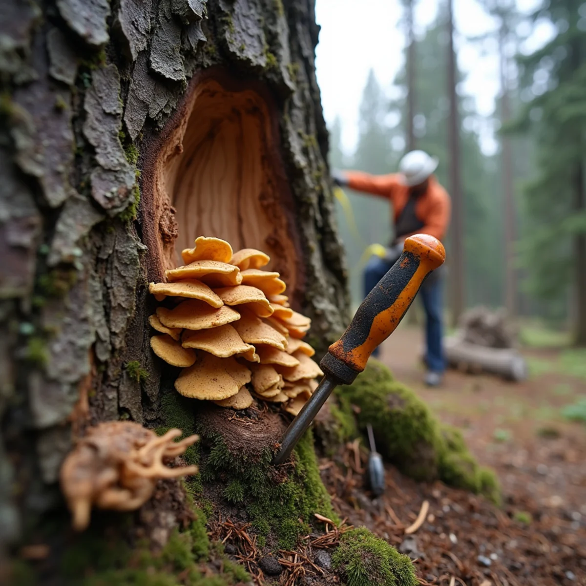Fruiting fungi and decayed root collar at the base of a thinning Douglas fir in a Southwest Washington yard