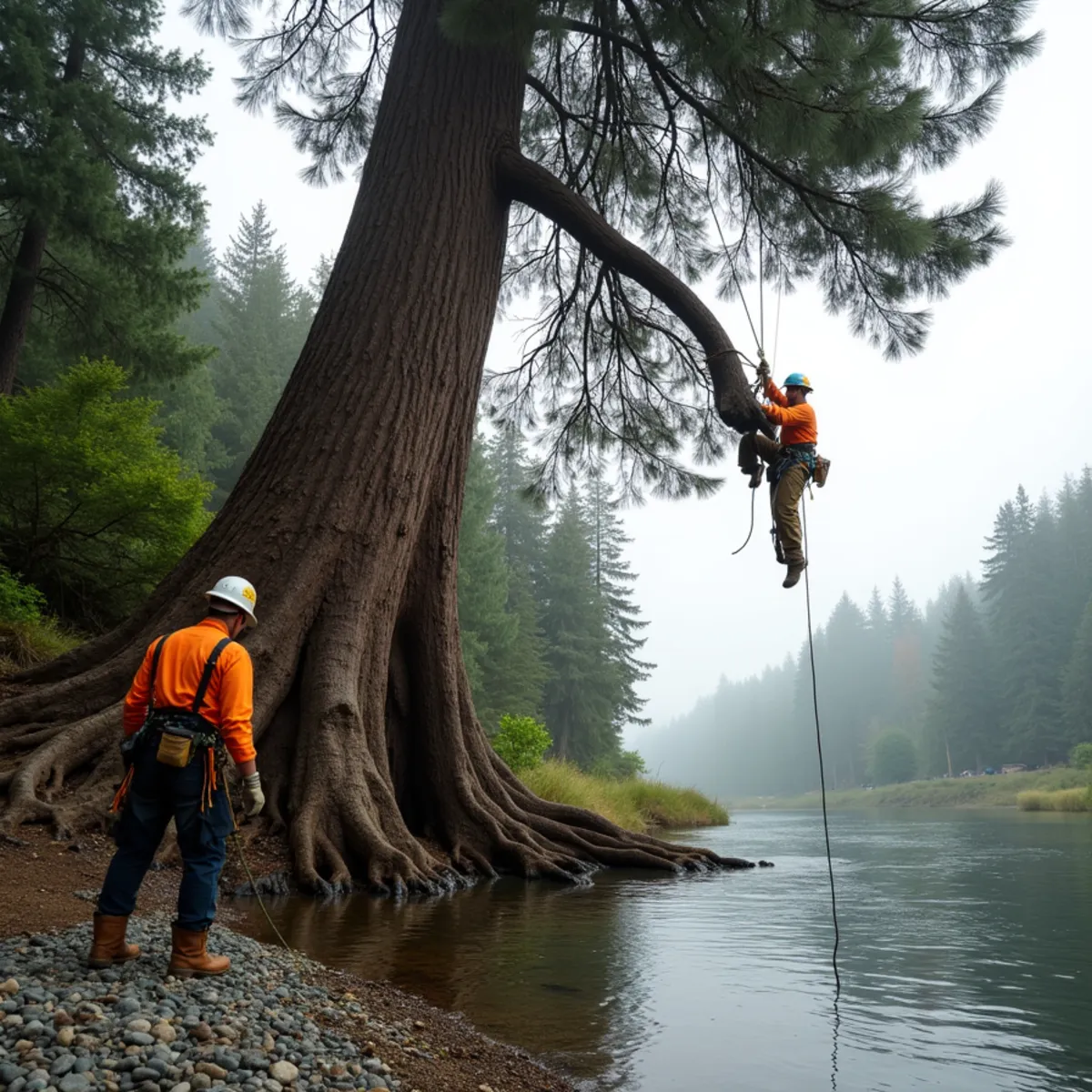 Large black cottonwood being sectioned down beside the East Fork Lewis River in Lewisville, Washington