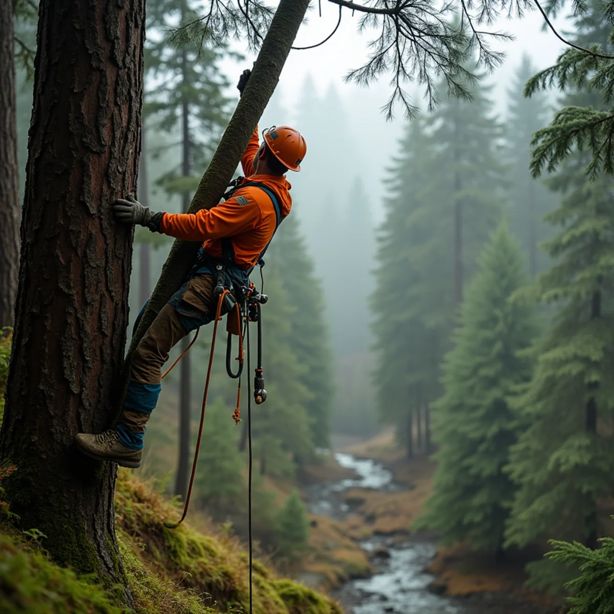 Climber rigging a Douglas fir down a wooded draw above Lacamas Creek in Livingston, Washington