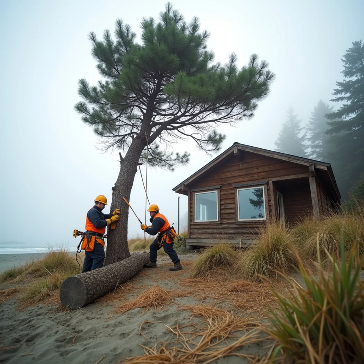 Wind-flagged shore pine being removed from a sand dune lot near a beach house on the Long Beach Peninsula, Washington