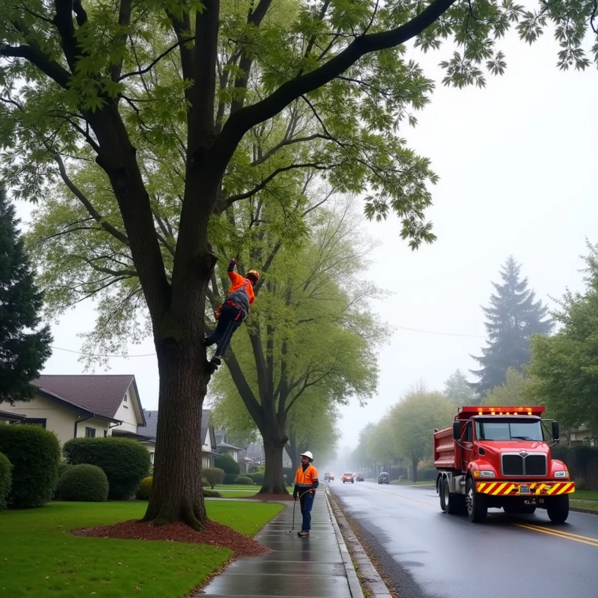 Climber rigging down a large mature street tree over a sidewalk on a Longview, Washington grid block