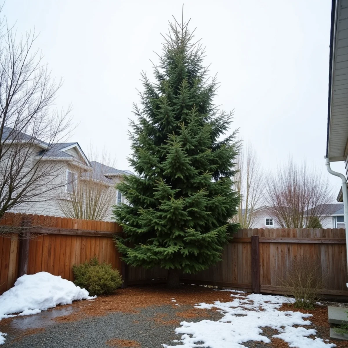 Crew removing a leaning Douglas fir from a greenbelt strip behind a Maple Valley, Washington subdivision