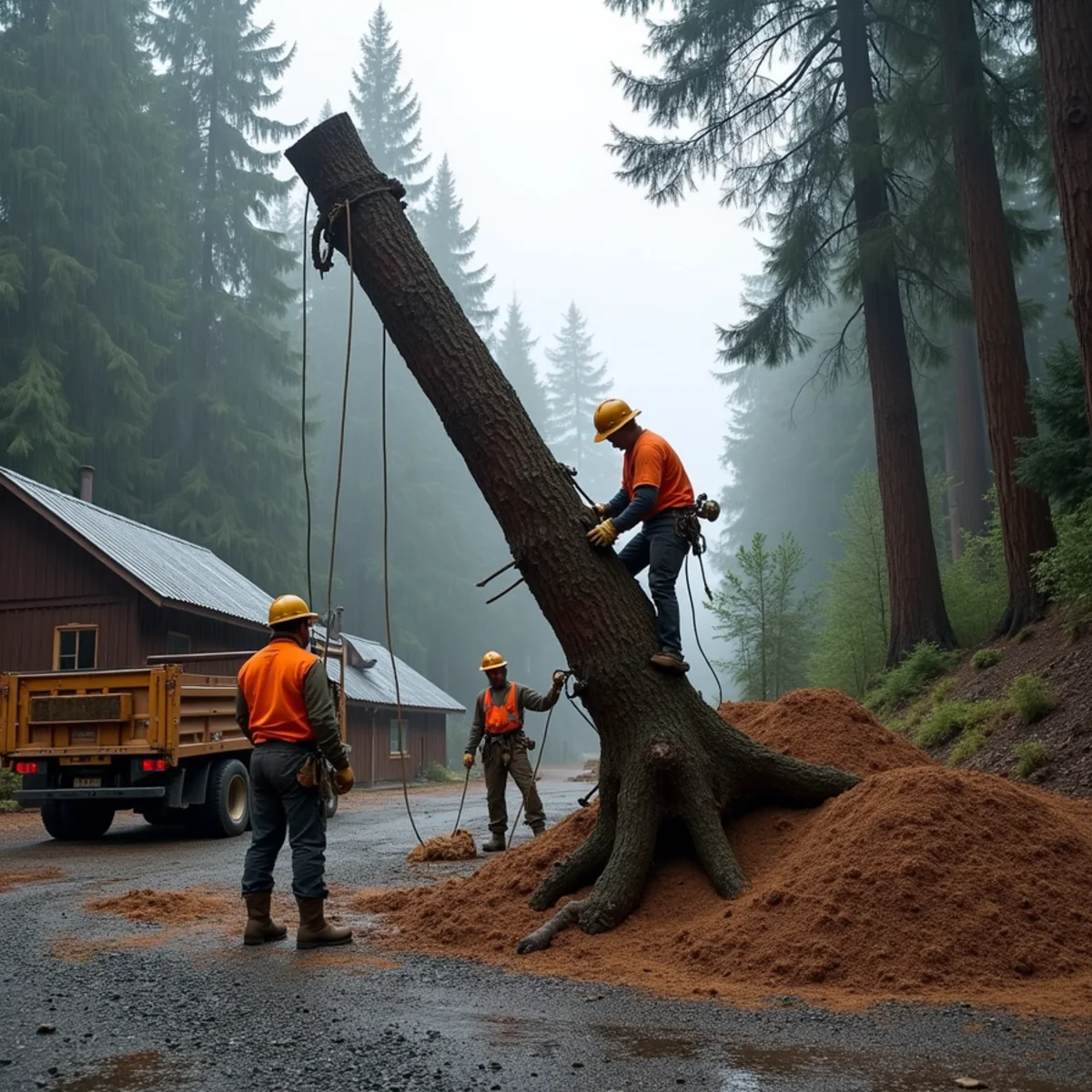Wind-thrown conifer lifted out of loose pumice soil beside a cabin near Merrill Lake, Washington