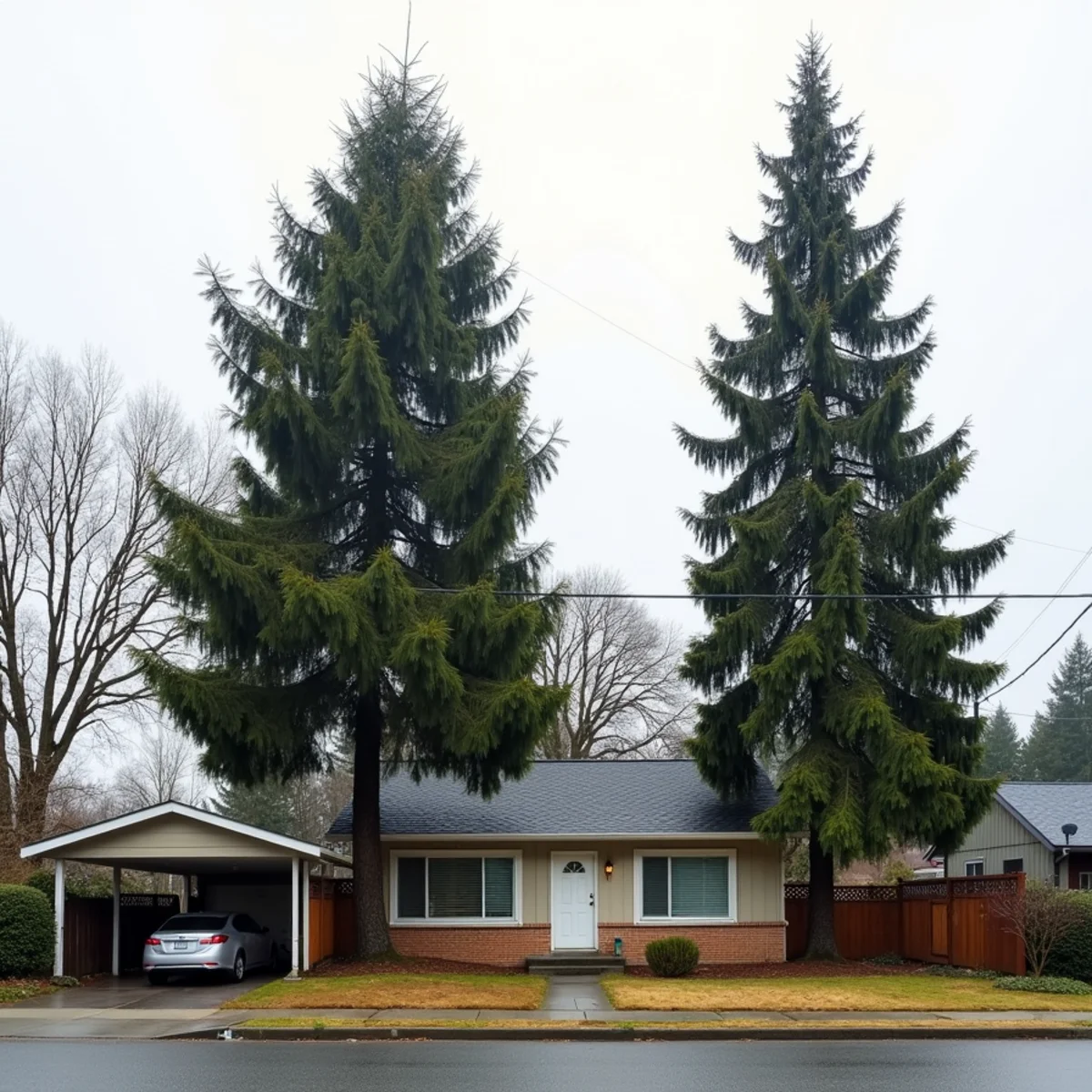 Douglas fir removal beside a 1950s rambler on a small Mountlake Terrace, Washington lot