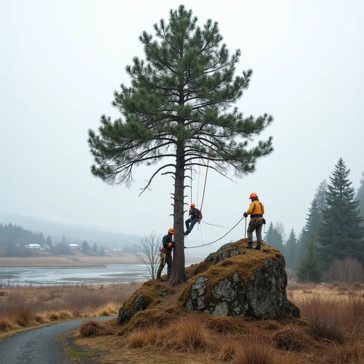 Climber topping out a wind-exposed Douglas fir on the crest of Mt. Solo above the Columbia River flats west of Longview, Washington
