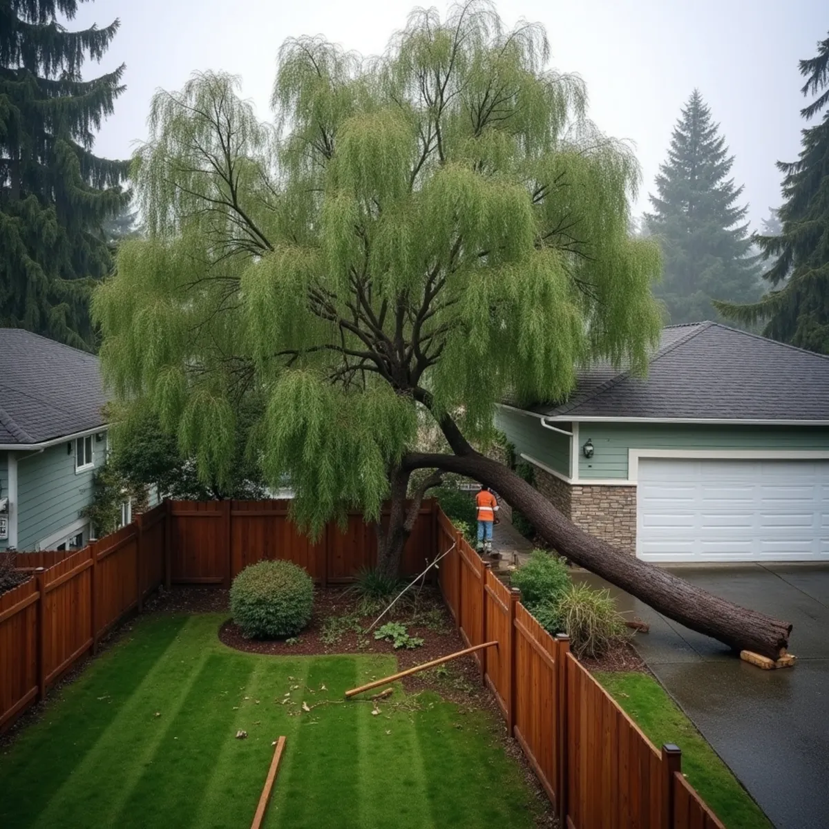 Large bigleaf maple fallen from a neighboring yard across a garage roof in Cowlitz County, Southwest Washington