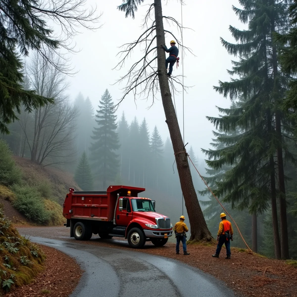 Leaning red alder being dismantled beside a gravel drive on the North Fork Toutle valley floor, Cowlitz County, Washington