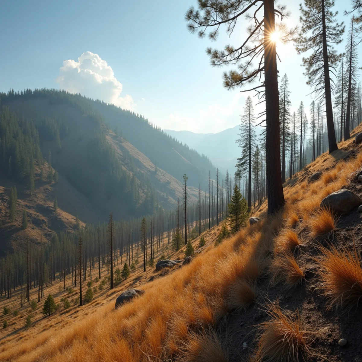 Fire-killed ponderosa pines being felled on a dry hillside above Omak, Washington