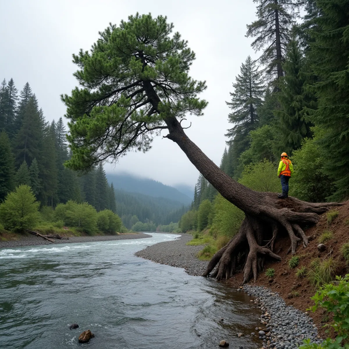 Cottonwood with an undercut root plate leaning over a Carbon River cut bank near Orting, Washington