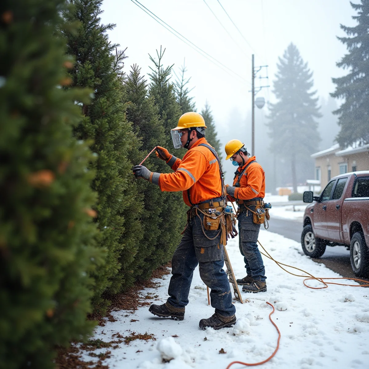 Crew resetting and reducing a row of overgrown arborvitae splayed open by wet snow at a Pleasant Hill property near Kelso, Washington