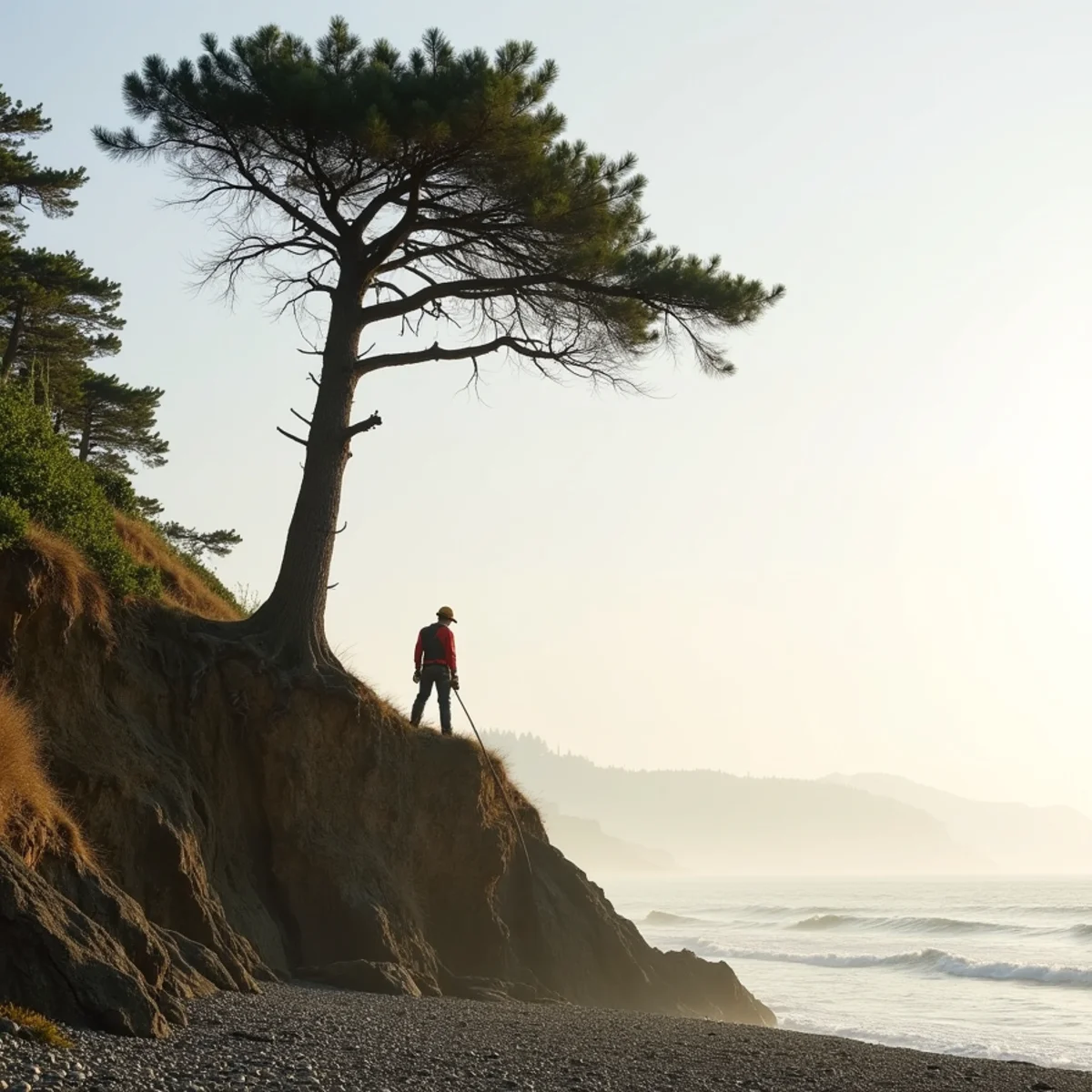 Wind-shaped Douglas fir above an eroding saltwater bluff near Port Townsend, Washington