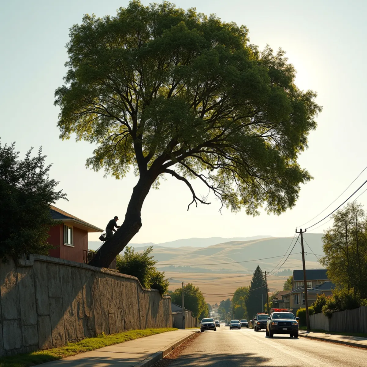 Large planted maple being removed from a steep loess hillside lot above a street in Pullman, Washington