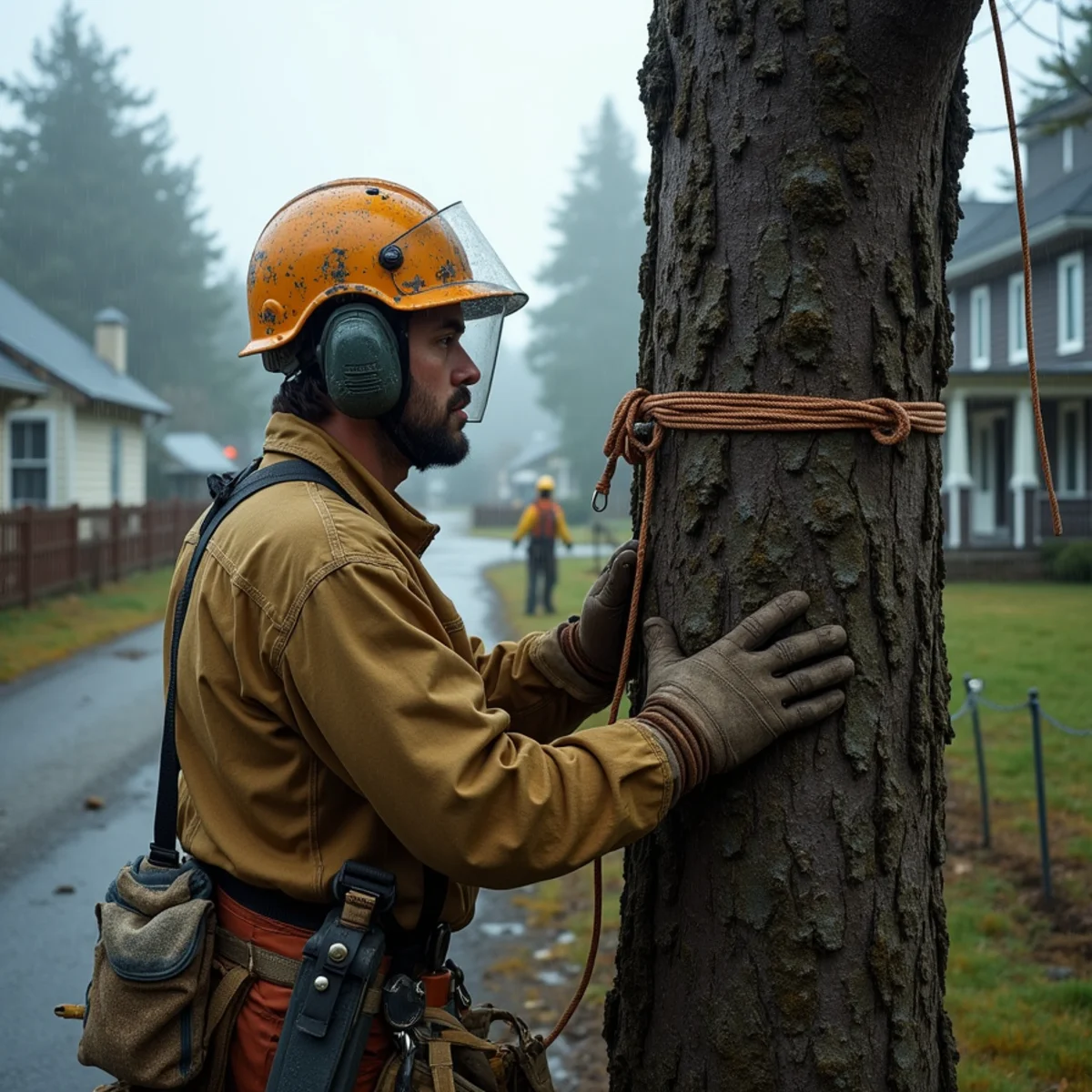 Climber rigging down a wind-thrown Sitka spruce on low ground beside the Willapa River in Raymond, Washington