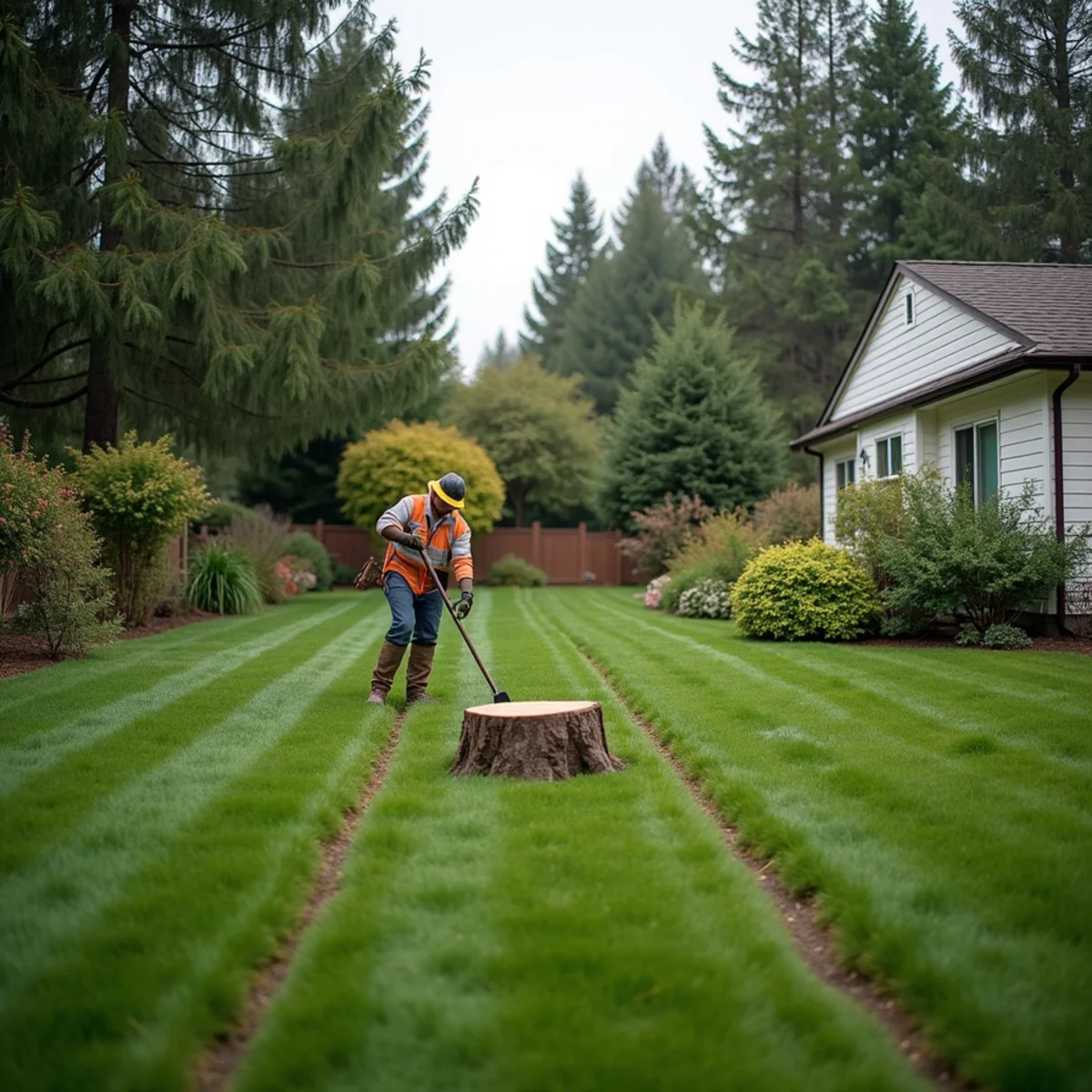 Yard raked clean with no debris after a large tree removal in Cowlitz County