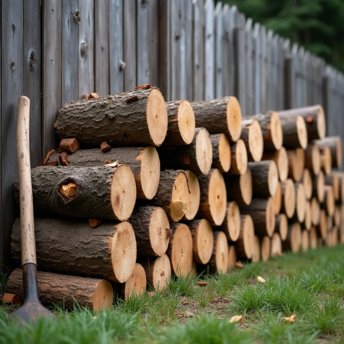 Firewood rounds cut to length and stacked neatly against a fence after a removal