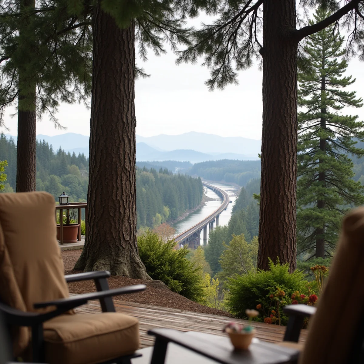 River and bridge view reopened through pruned trees behind a Southwest Washington home