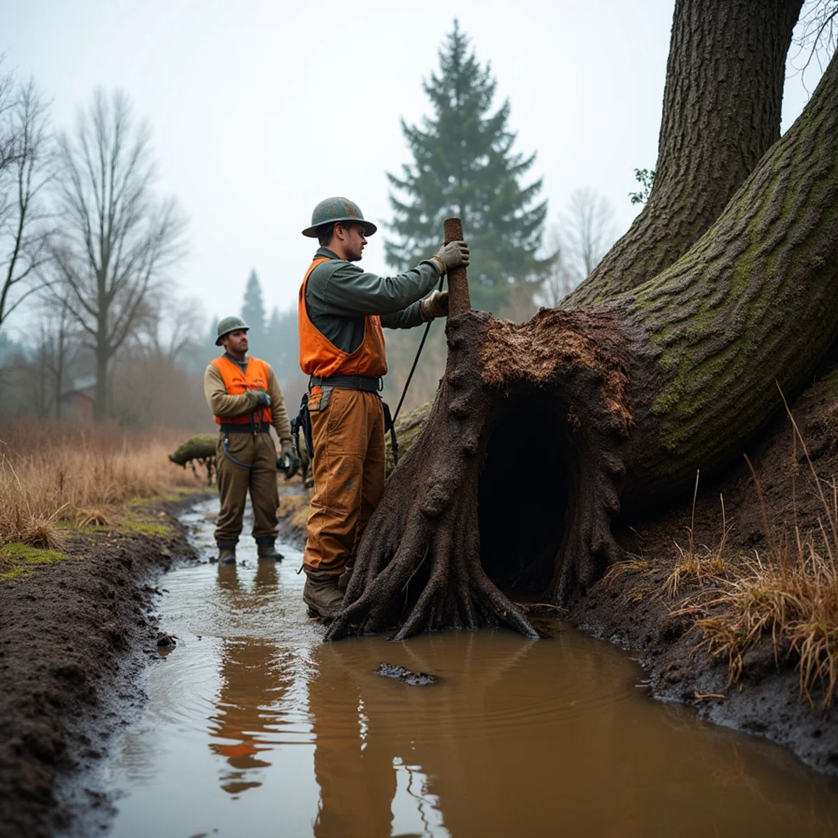 Douglas fir tipped over with its root plate lifted out of saturated pasture ground near Sara, Washington