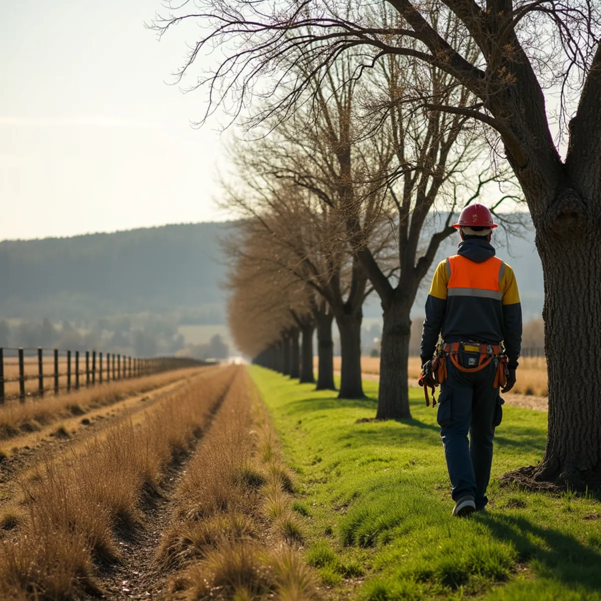 Aging Lombardy poplar windbreak being removed along an irrigated orchard edge in Selah, Washington