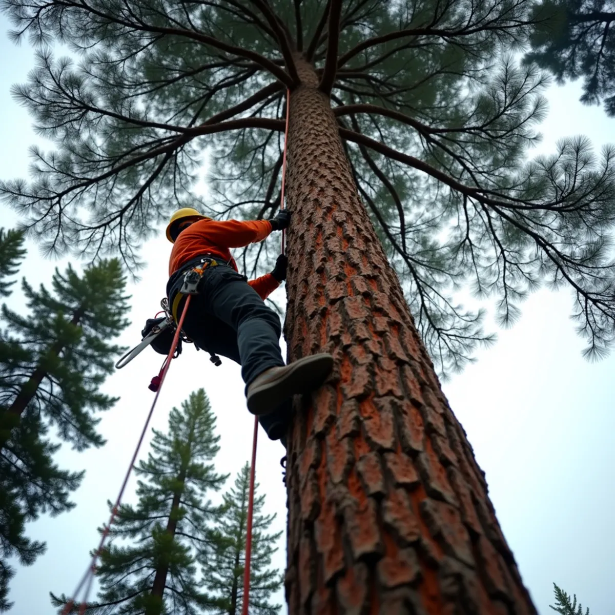 Climber working aloft in a tall Douglas fir on a Southwest Washington property