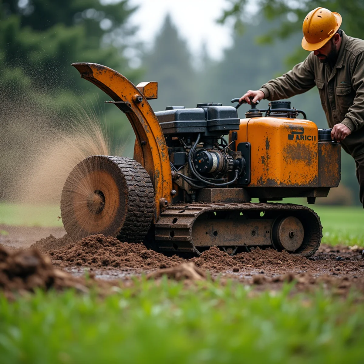 Stump grinder cutting a large conifer stump below grade in a Cowlitz County lawn