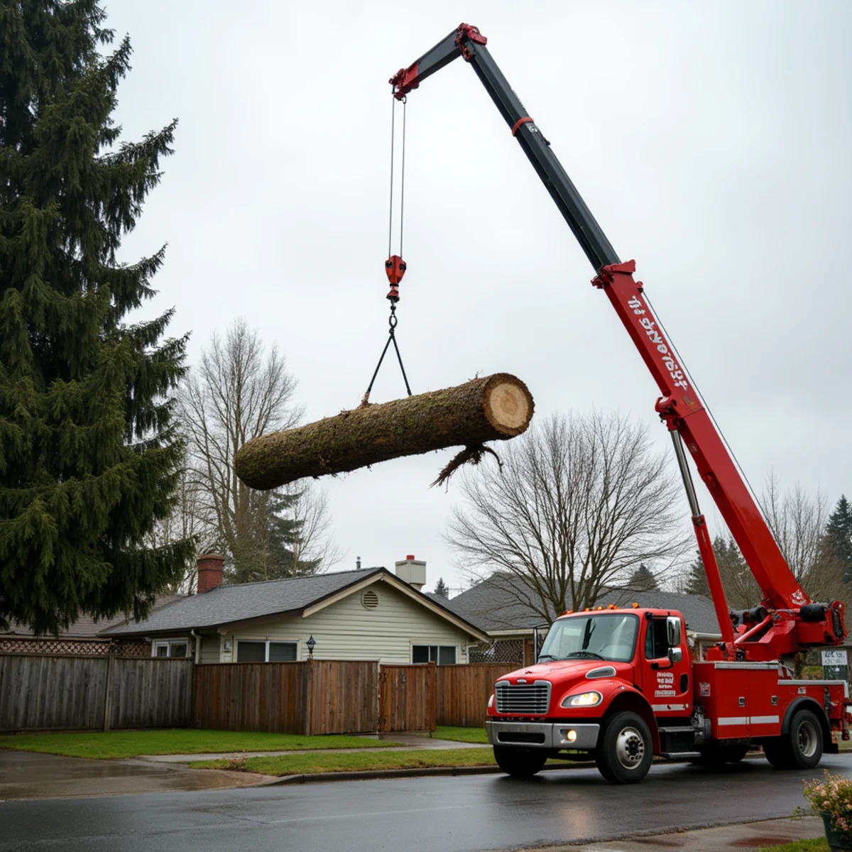 Crane lifting a cut section of fir out of a hemmed-in backyard in Longview, Washington