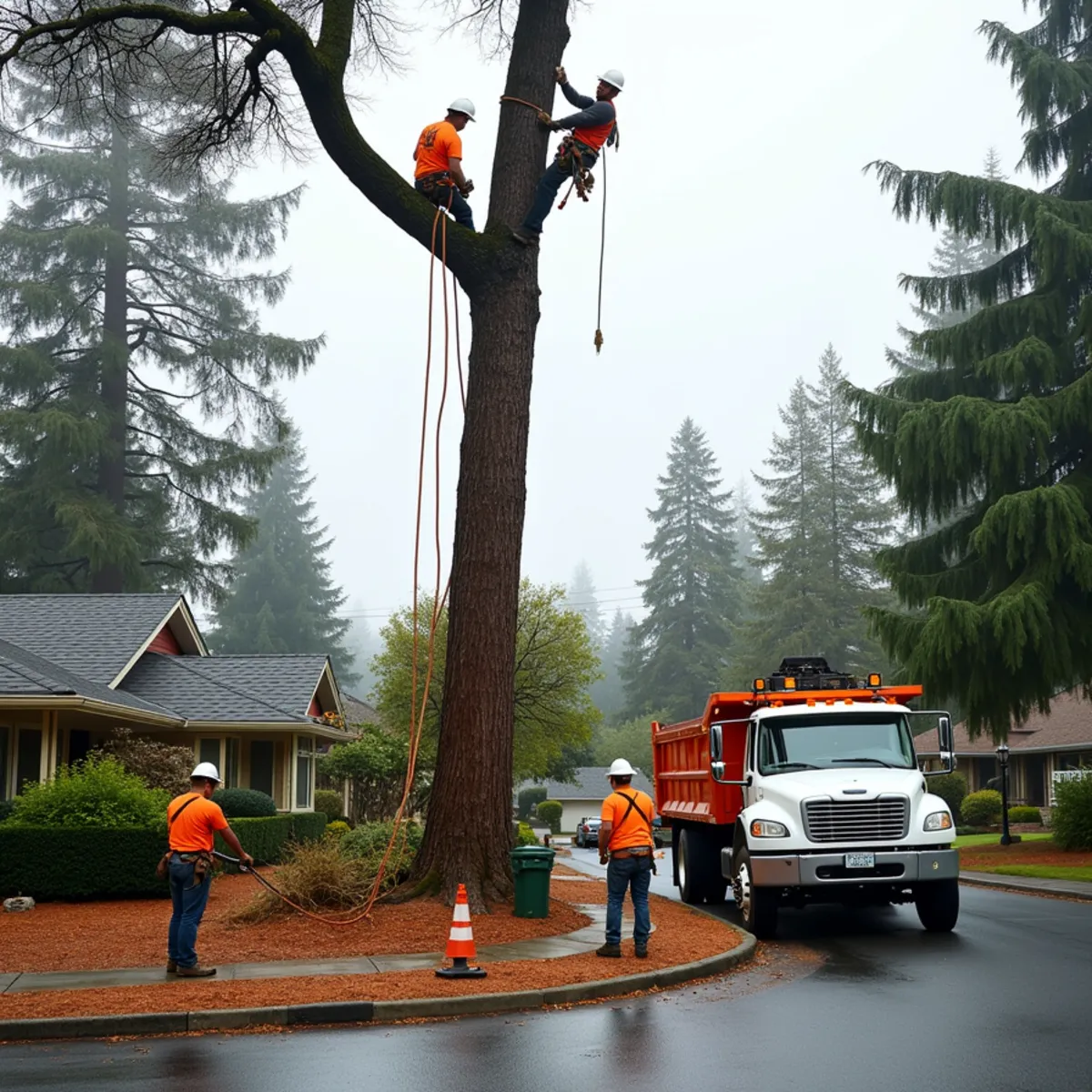 Columbia Tree Professionals crew rigging a large conifer removal in Southwest Washington