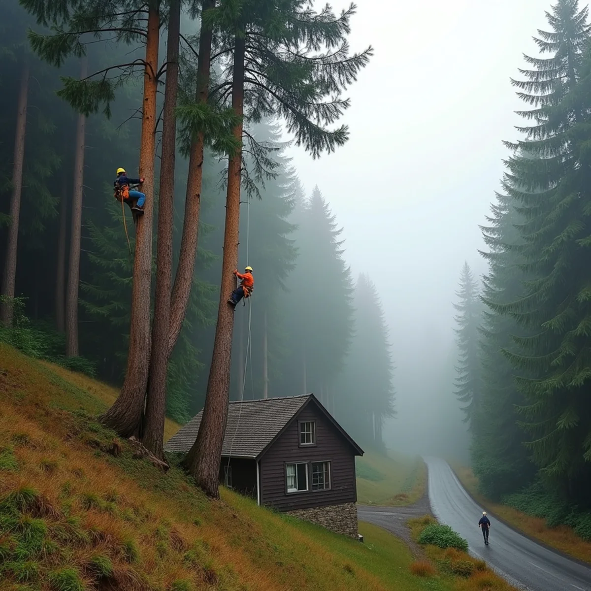 Crew felling leaning red alder on a steep hillside above a valley road in Skamokawa, Washington