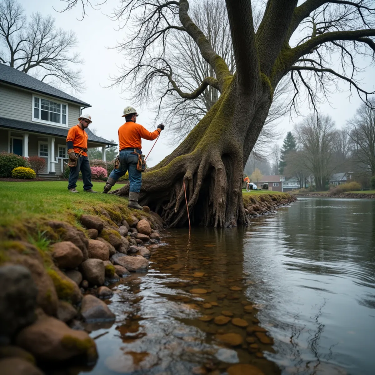 Climber taking apart a leaning bigleaf maple undercut by the Coweeman River bank in South Kelso, Washington