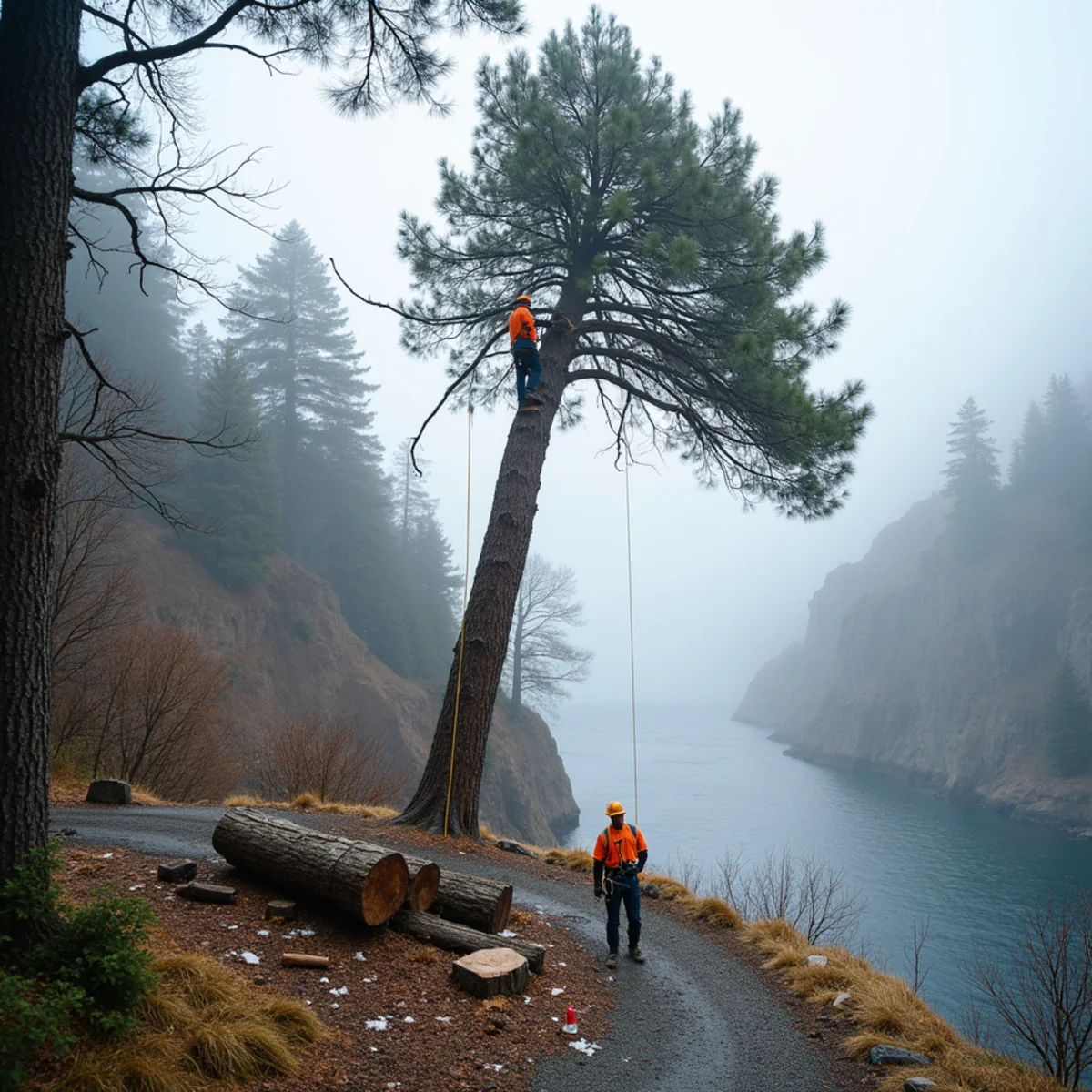Ice-damaged Douglas fir being sectioned above the Columbia River Gorge in Stevenson, Washington