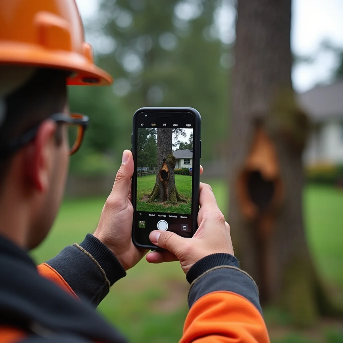 Arborist photographing a snapped trunk and lifted root plate for an insurance adjuster