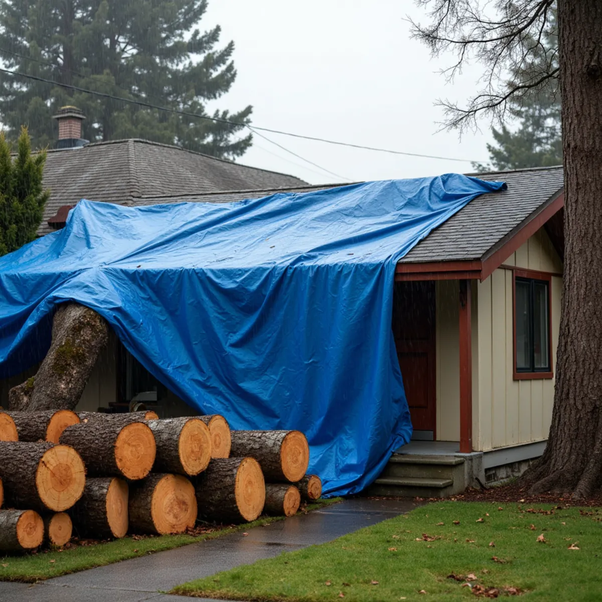Tarped roof section on a house after a fallen tree was removed in Southwest Washington