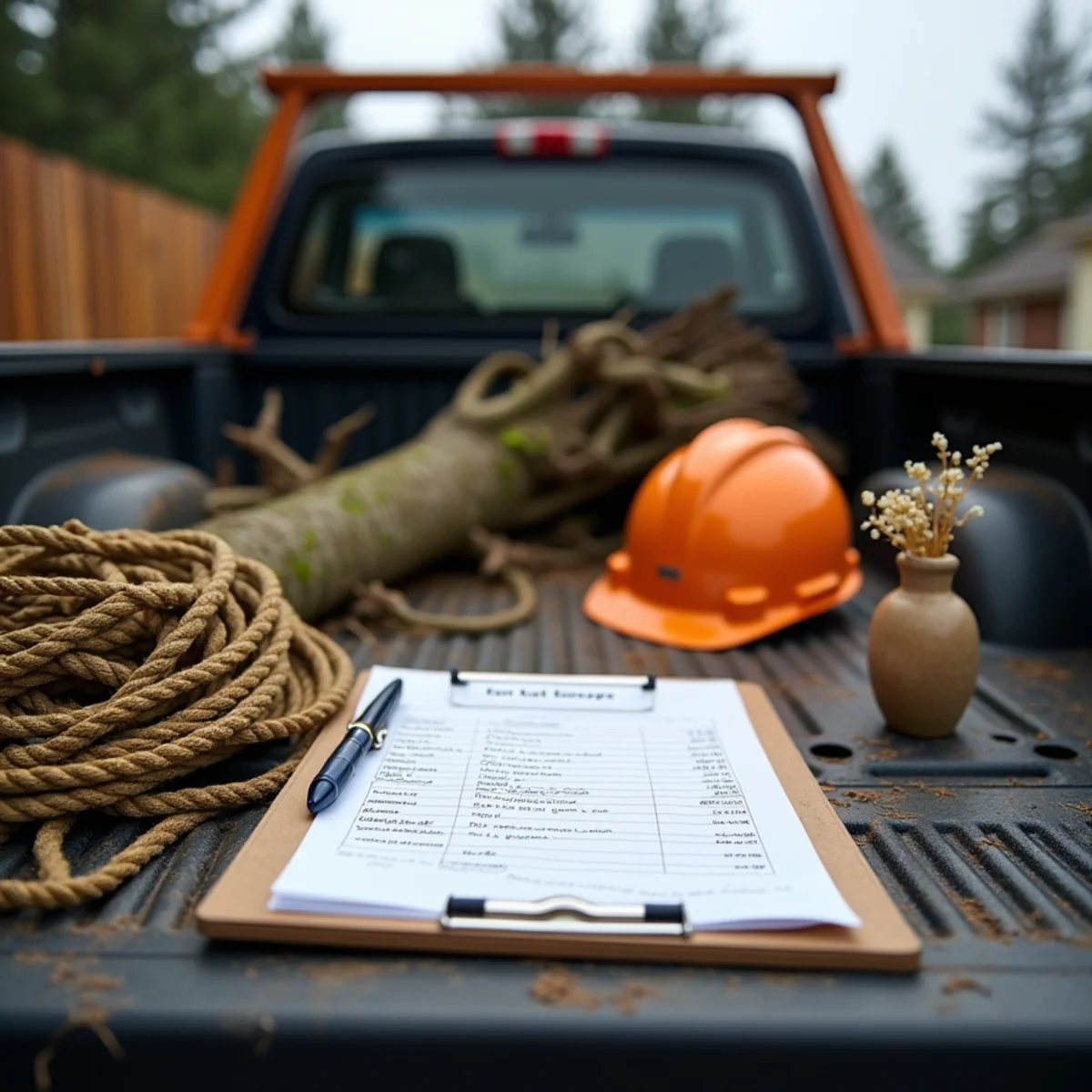 Itemised written estimate on a clipboard at a work truck tailgate beside storm debris