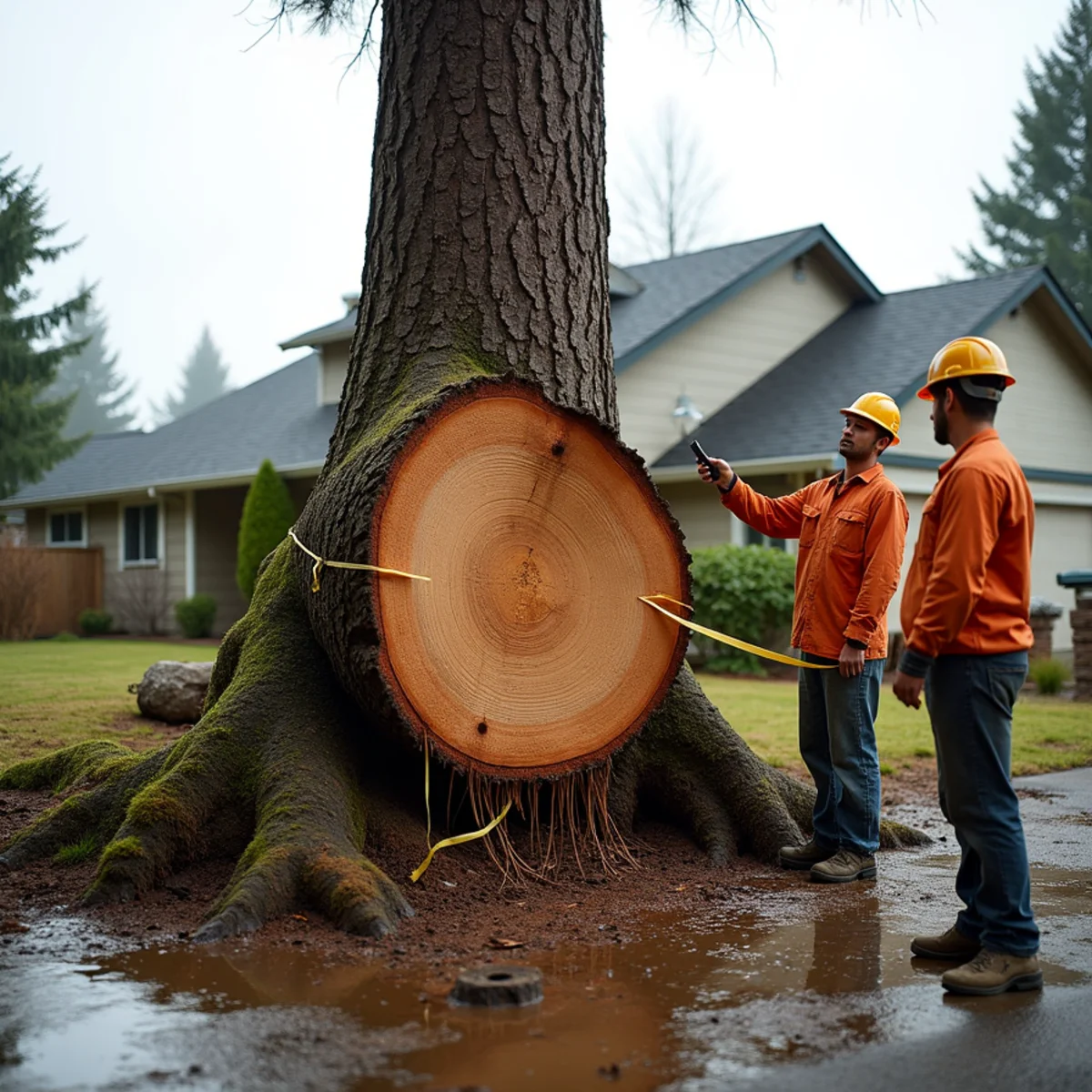 Tree crew photographing a fir that fell across a garage roof to document a storm damage insurance claim in Kelso, Cowlitz County, Washington