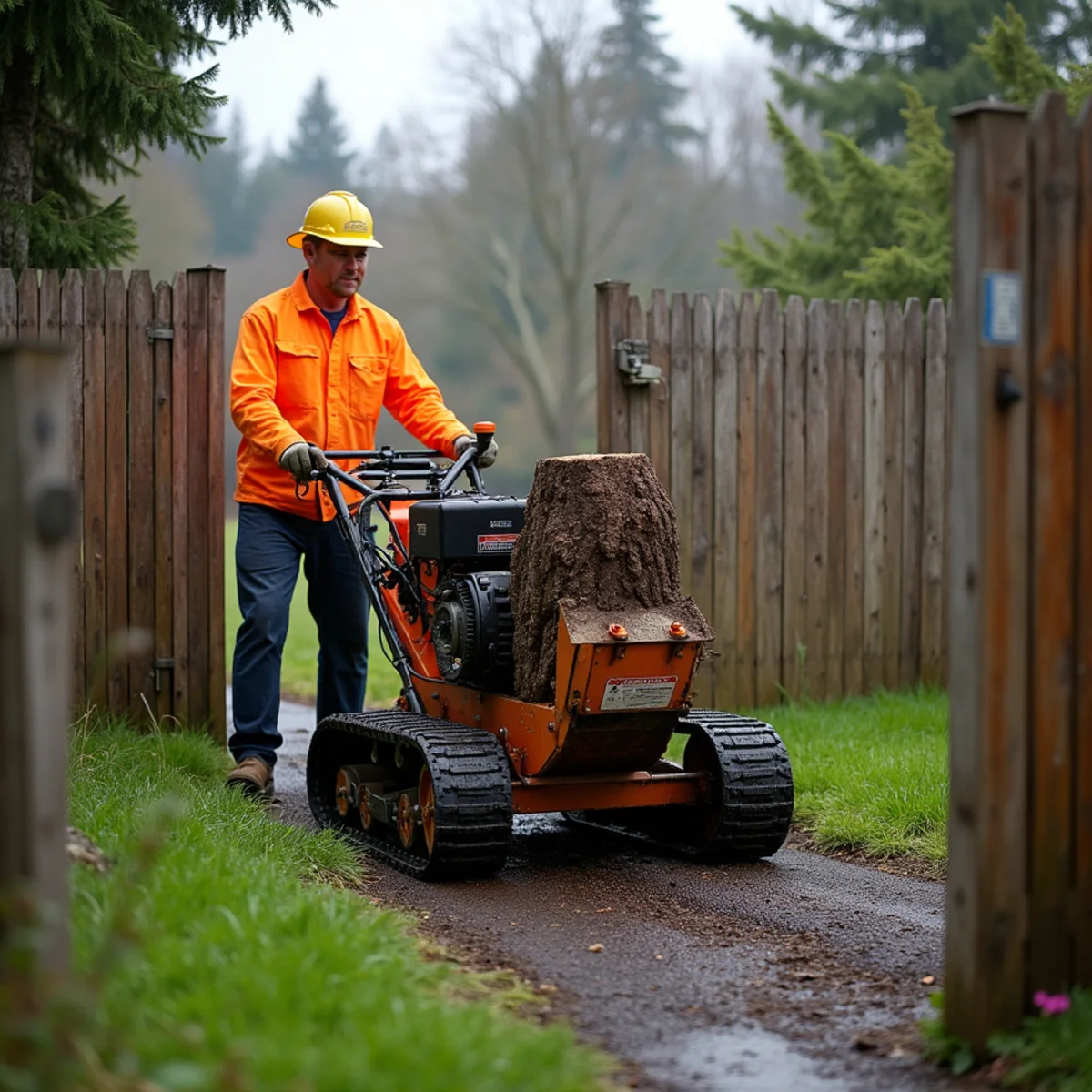 Narrow stump grinder being walked through a side gate into a fenced backyard