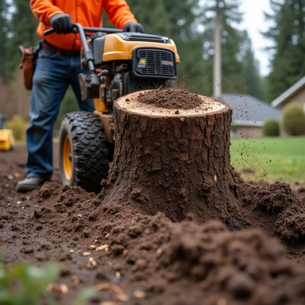 Stump grinder cutting a Douglas fir stump down below grade in wet Cowlitz County soil