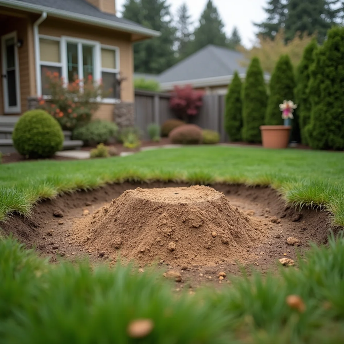 Freshly ground stump backfilled with grindings and raked level in a residential lawn