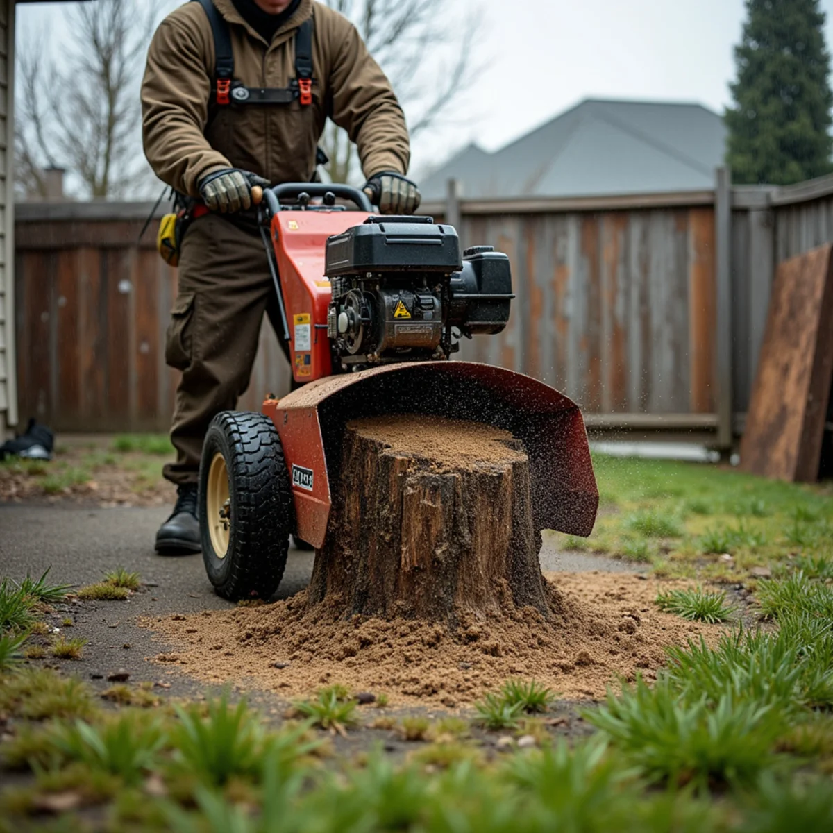 Stump grinder taking a Douglas fir stump below grade in a Kelso backyard, Cowlitz County, Southwest Washington
