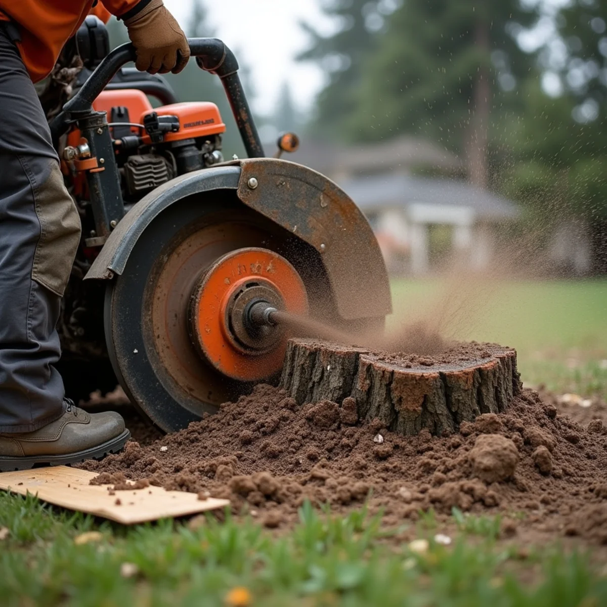 Stump grinder cutting a bigleaf maple stump below grade in a residential yard in Cowlitz County, Southwest Washington