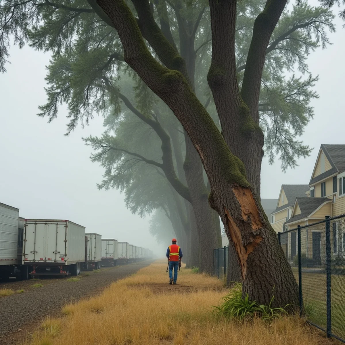 Large black cottonwood along a fence line behind a warehouse property in Sumner, Washington