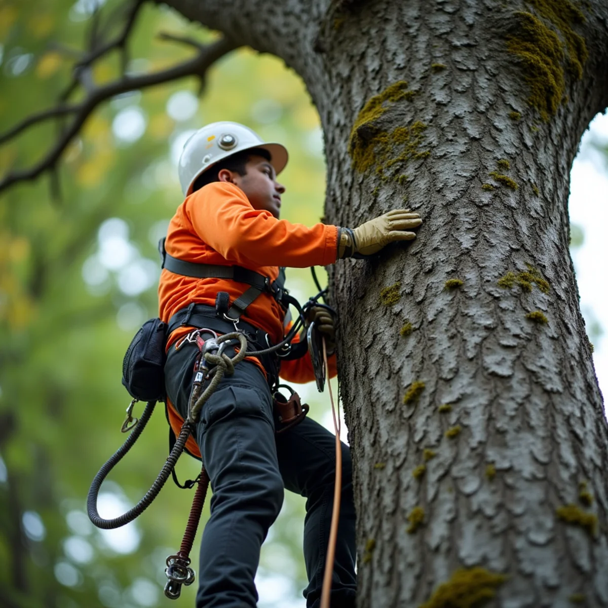 Climber installing a dynamic cabling system between two leaders of a bigleaf maple