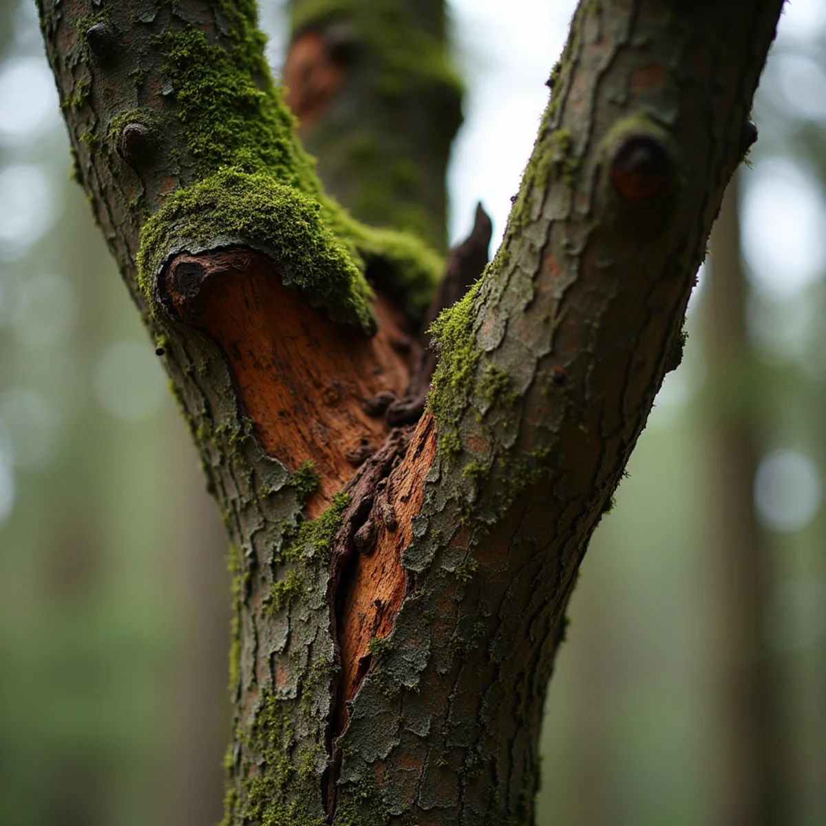 Close view of a splitting codominant union with included bark in a mature maple