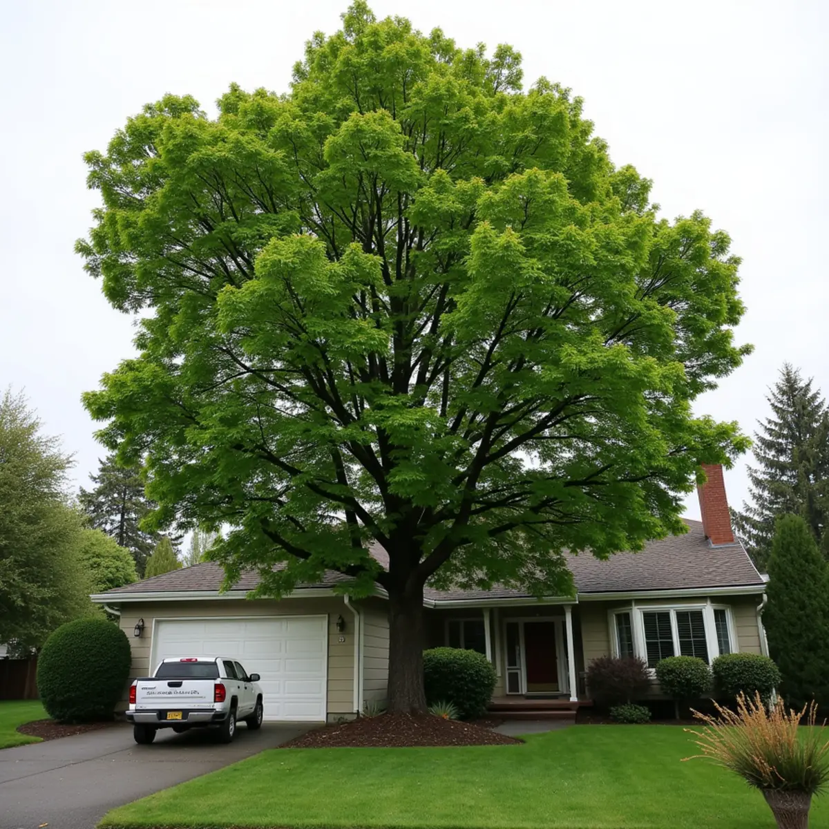 Bigleaf maple after crown reduction, sail area cut and structure retained, in Cowlitz County