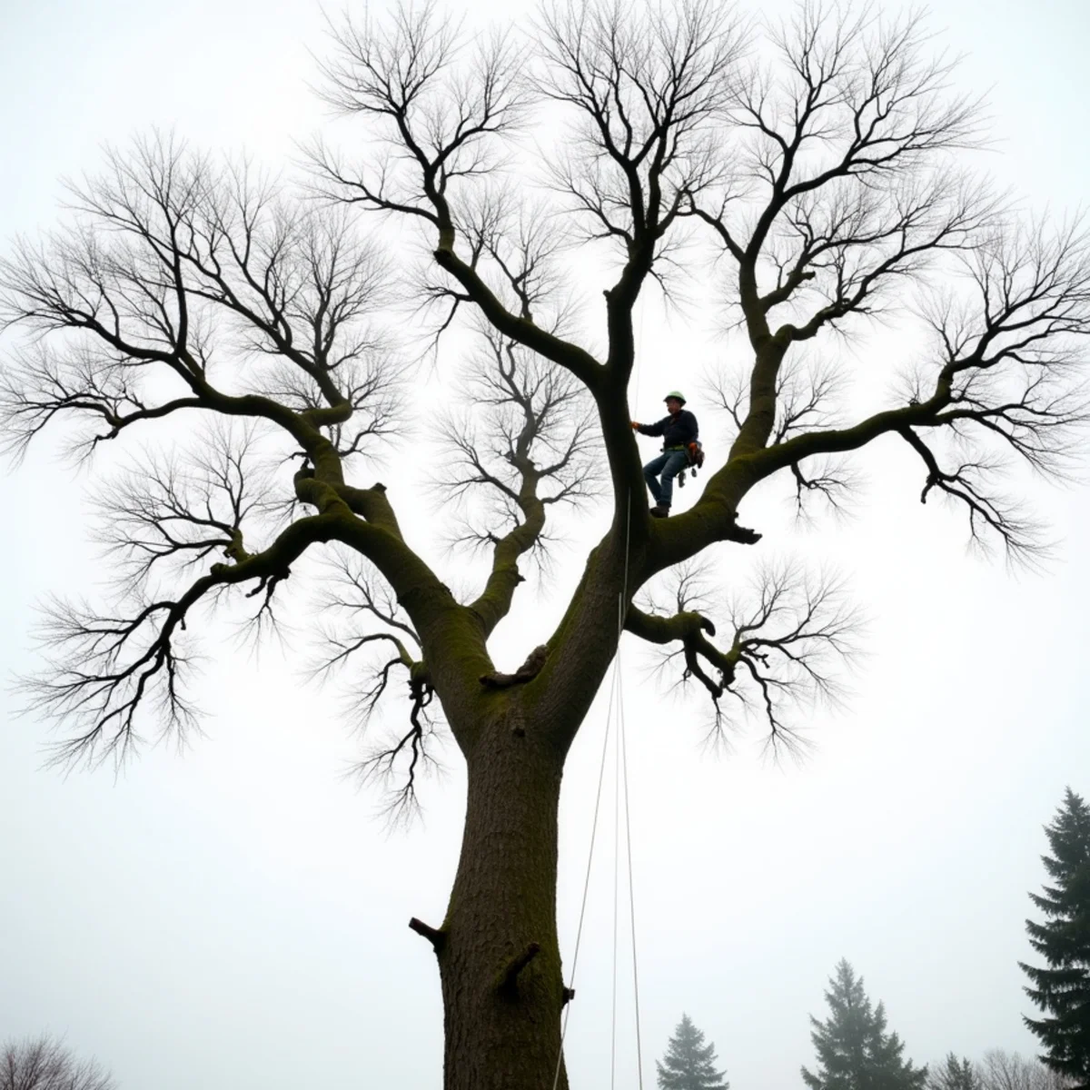 Climber installing a steel support cable between two leaders of a bigleaf maple in Kelso, Southwest Washington
