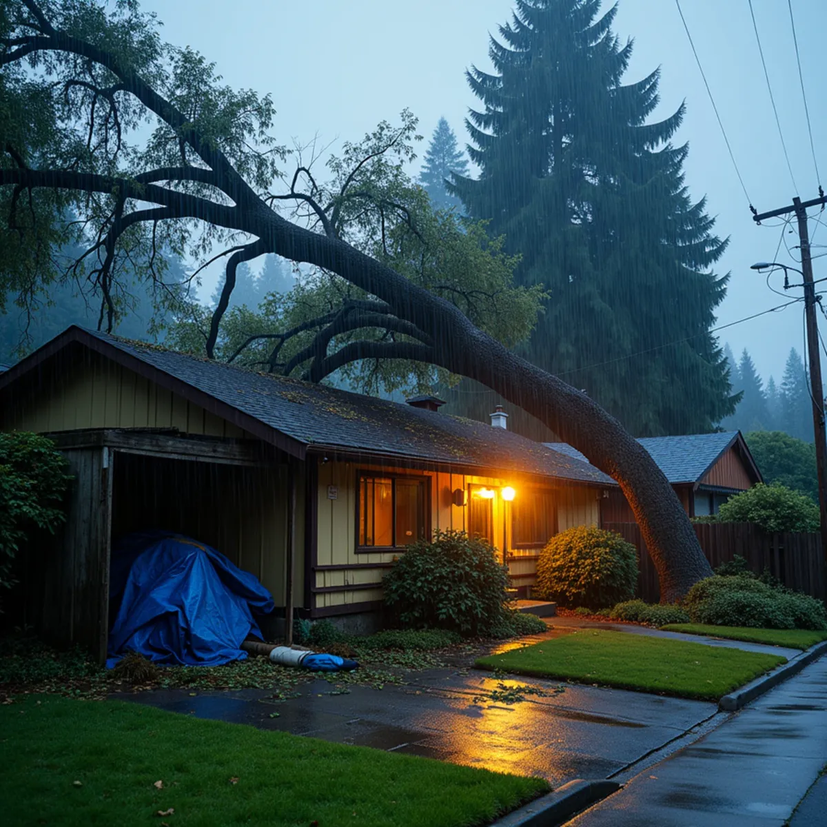 Large Douglas fir fallen across the roof of a house after a windstorm in Cowlitz County, Southwest Washington