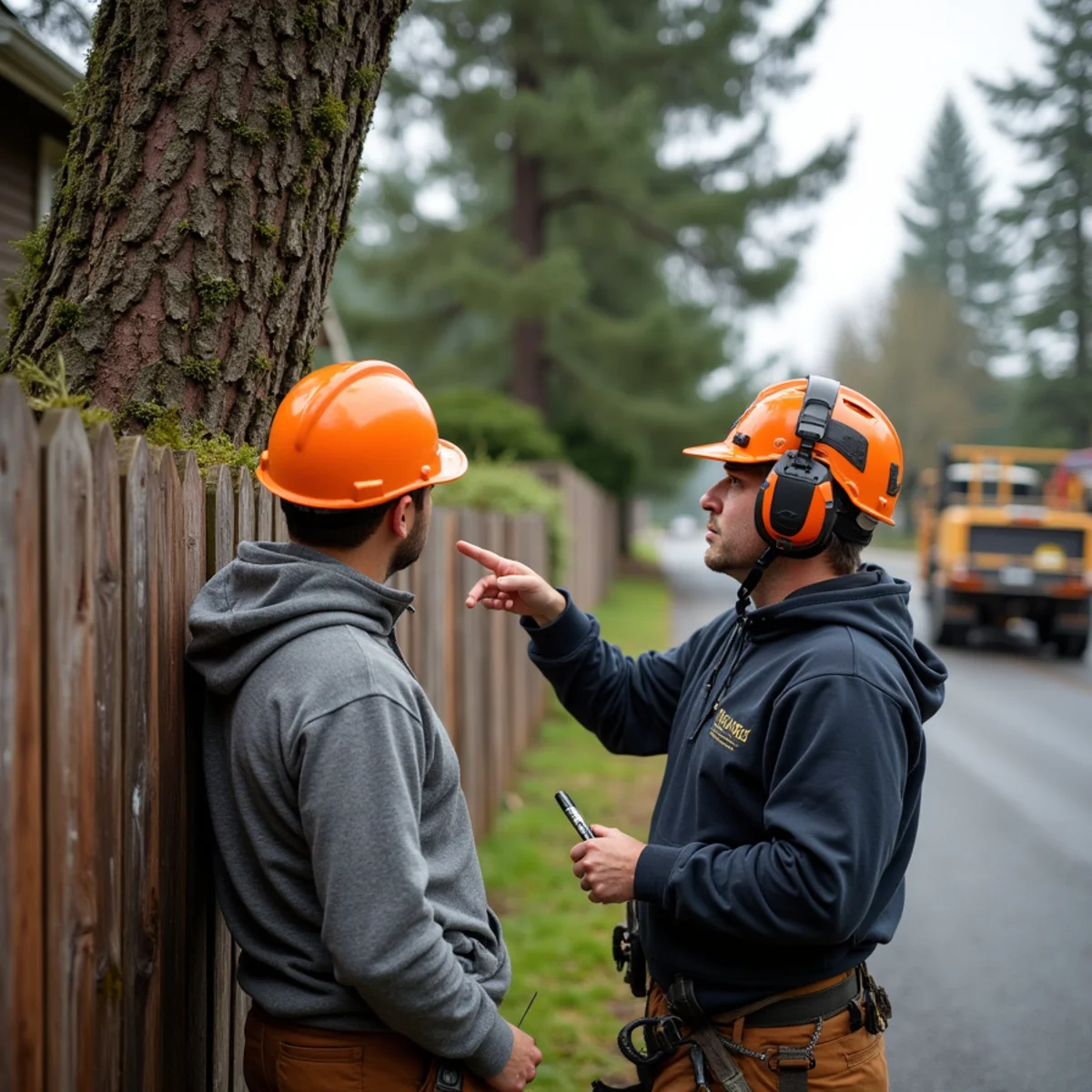 Climber rigging a sectioned Douglas fir over a fenced backyard in Longview, Washington, with a chipper parked at the curb